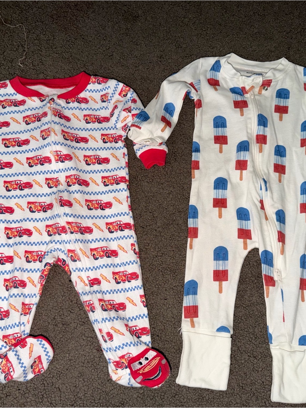 Kids White and Red Footed One-Piece Pajamas with Car & Popsicle Prints